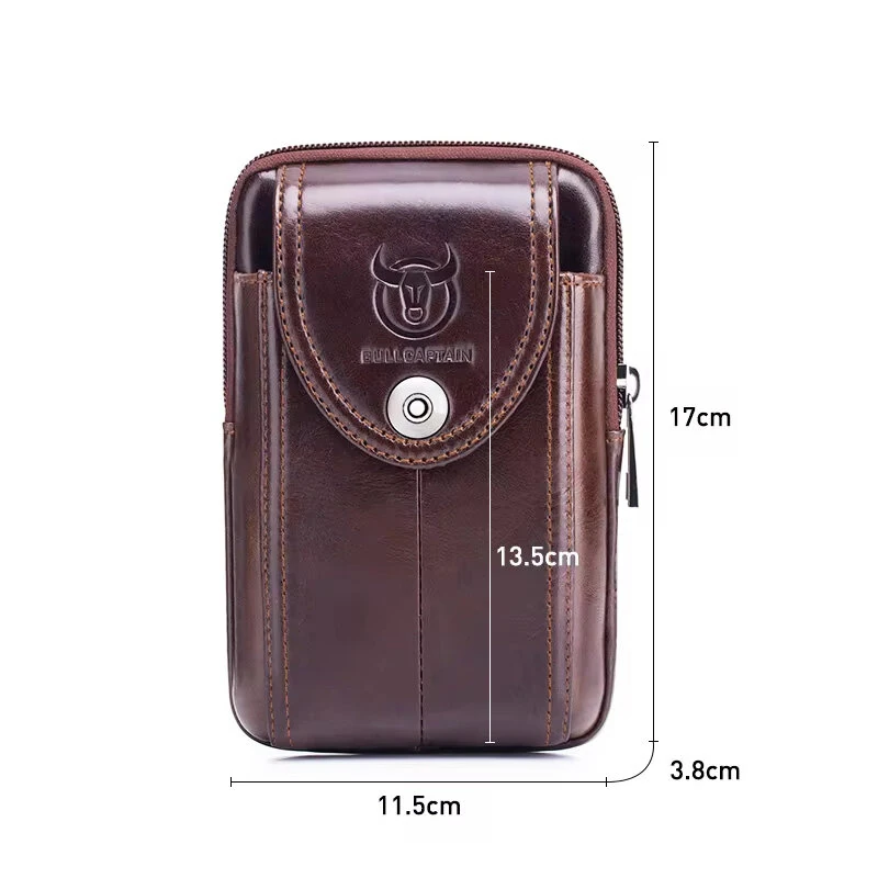 (image for) BULLCAPTAIN Genuine Leather Waist Pack Mens Small Fanny Belt Bag Travel Phone Pouch Male Work Leather Waist Bag